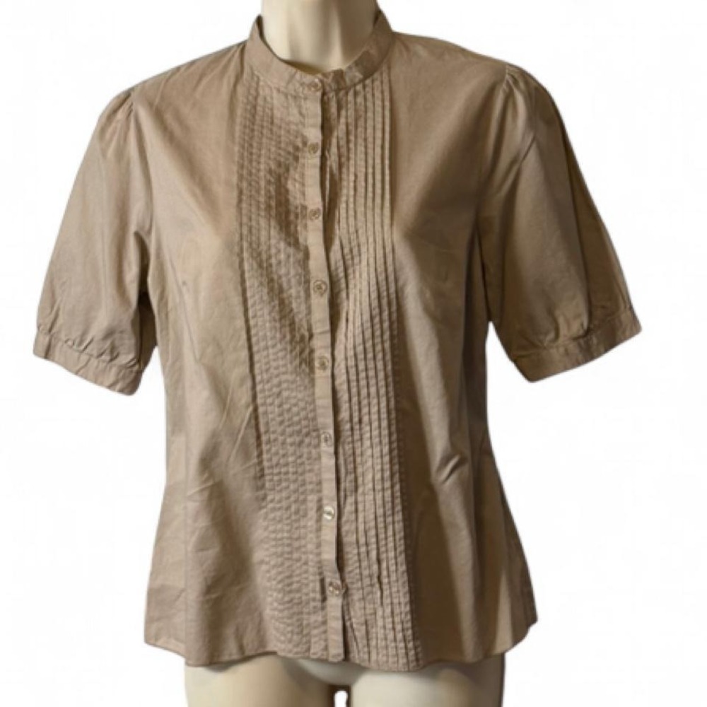 Vintage 90s Ninety Khaki Pintuck Puff Sleeve Button Up Blouse,‎ Women's Size S